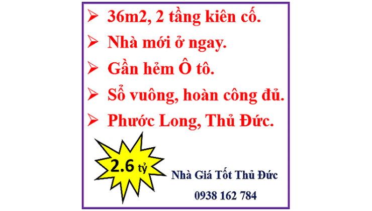 Cần bán gấp- Nhà 2 tầng ở ngay- Đường số 475 -Phước Long B- TĐ- 2.6 tỷ